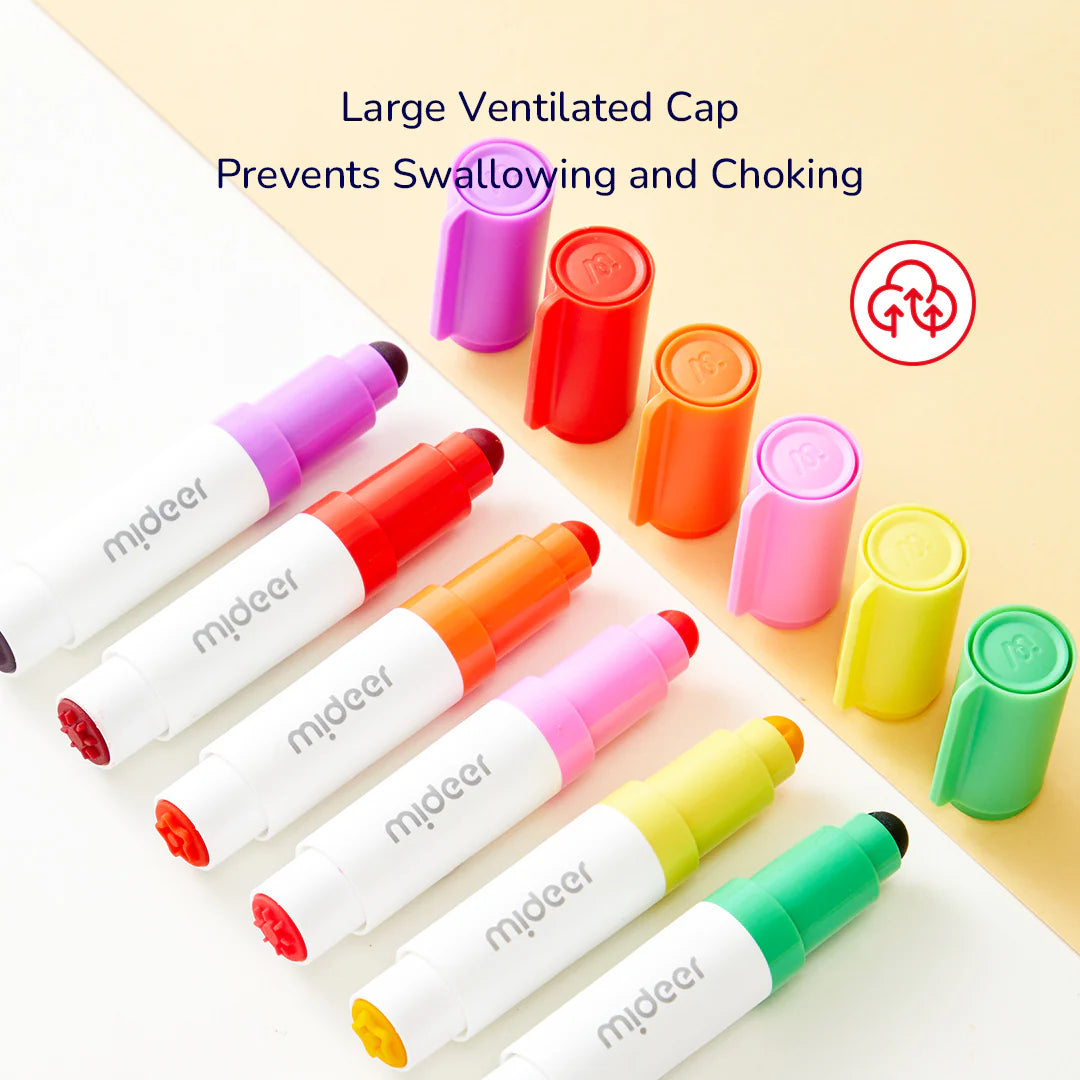 Double-sided washable marker - round tip and stamp - 6 colors